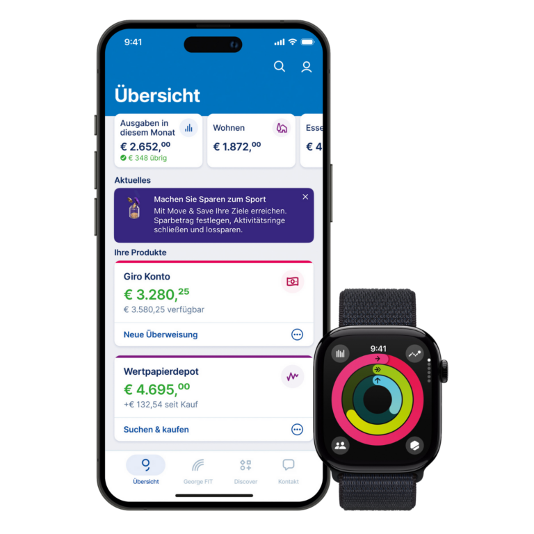 George-App von Erste Bank und Sparkasse dargestellt auf iPhone und Apple Watch