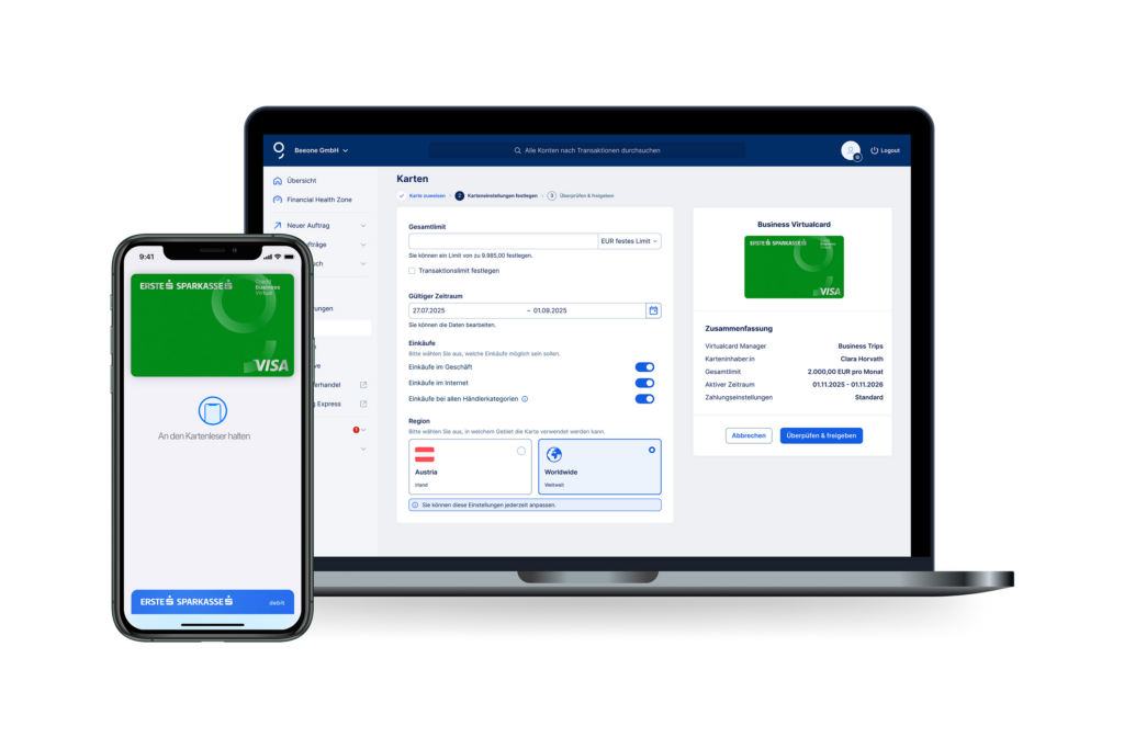 Smartphone und PC benutzten Business Virtualcards über George Business