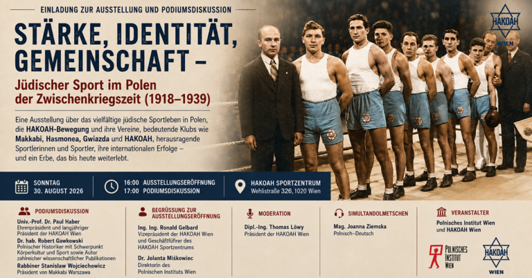 Flyer für die Ausstellung „Stärke, Identität, Gemeinschaft – Jüdischer Sport im Polen der Zwischenkriegszeit (1918–1939)“